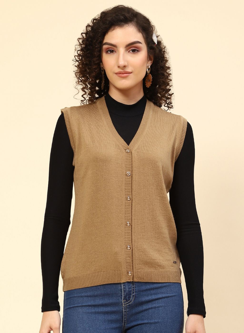 Women Beige Solid Wool blend Cardigan