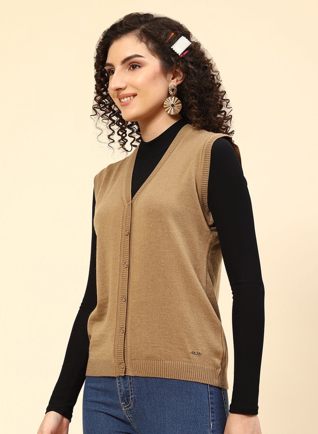 Women Beige Solid Wool blend Cardigan