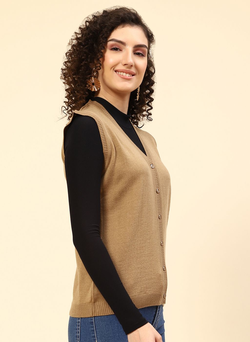 Women Beige Solid Wool blend Cardigan