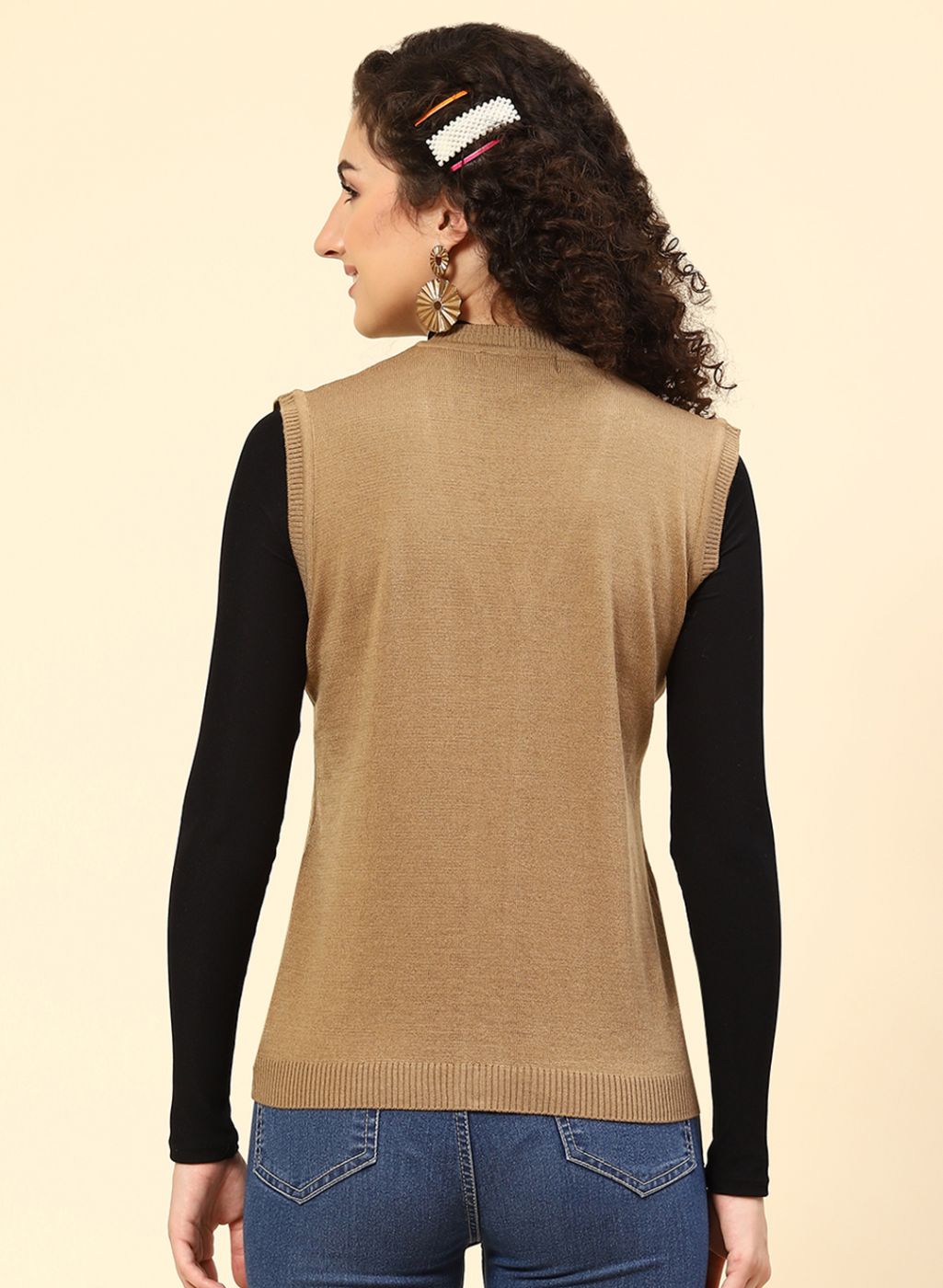 Women Beige Solid Wool blend Cardigan