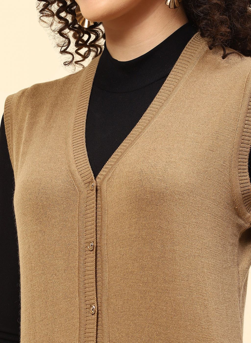 Women Beige Solid Wool blend Cardigan