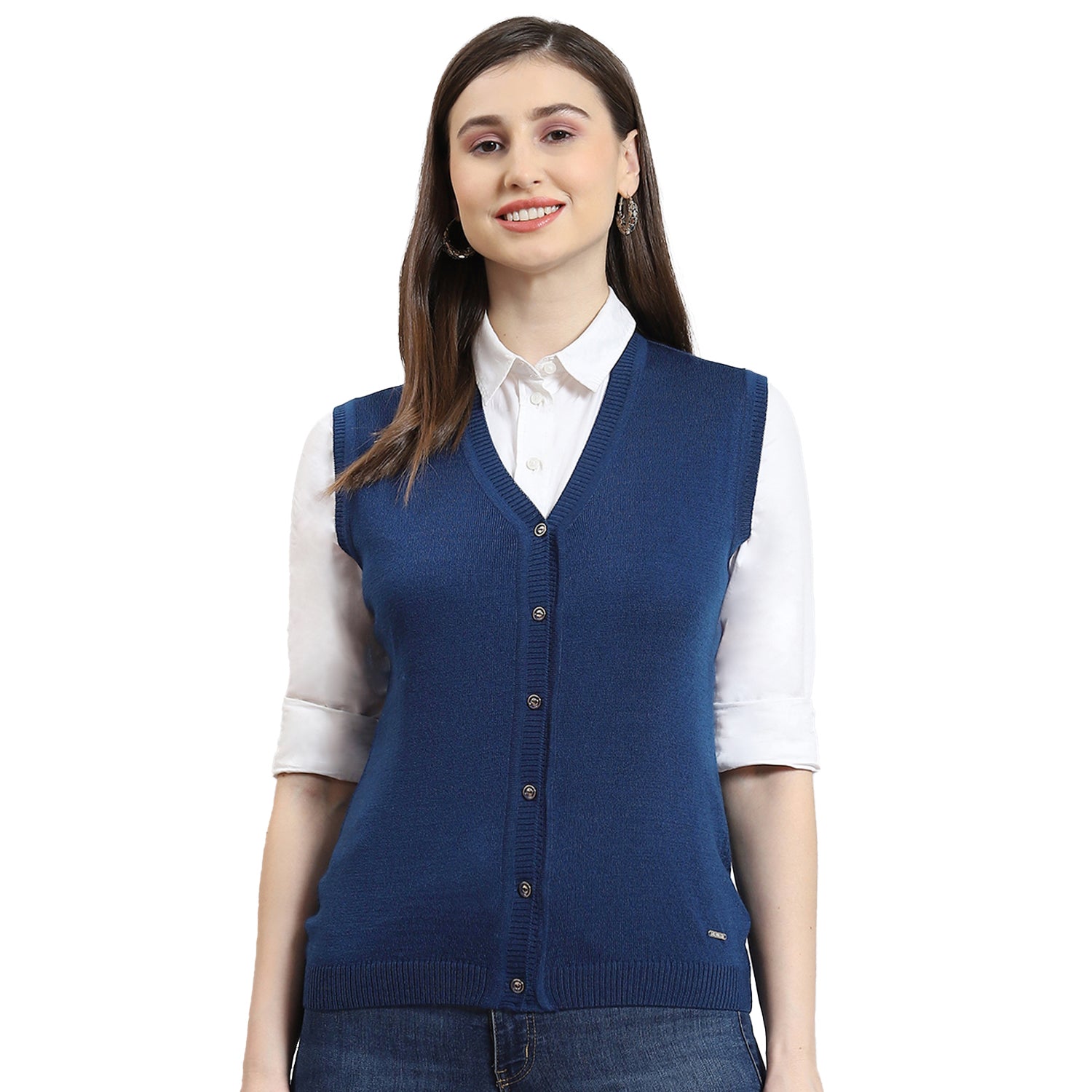 Women Blue Solid V Neck Sleeveless Cardigan