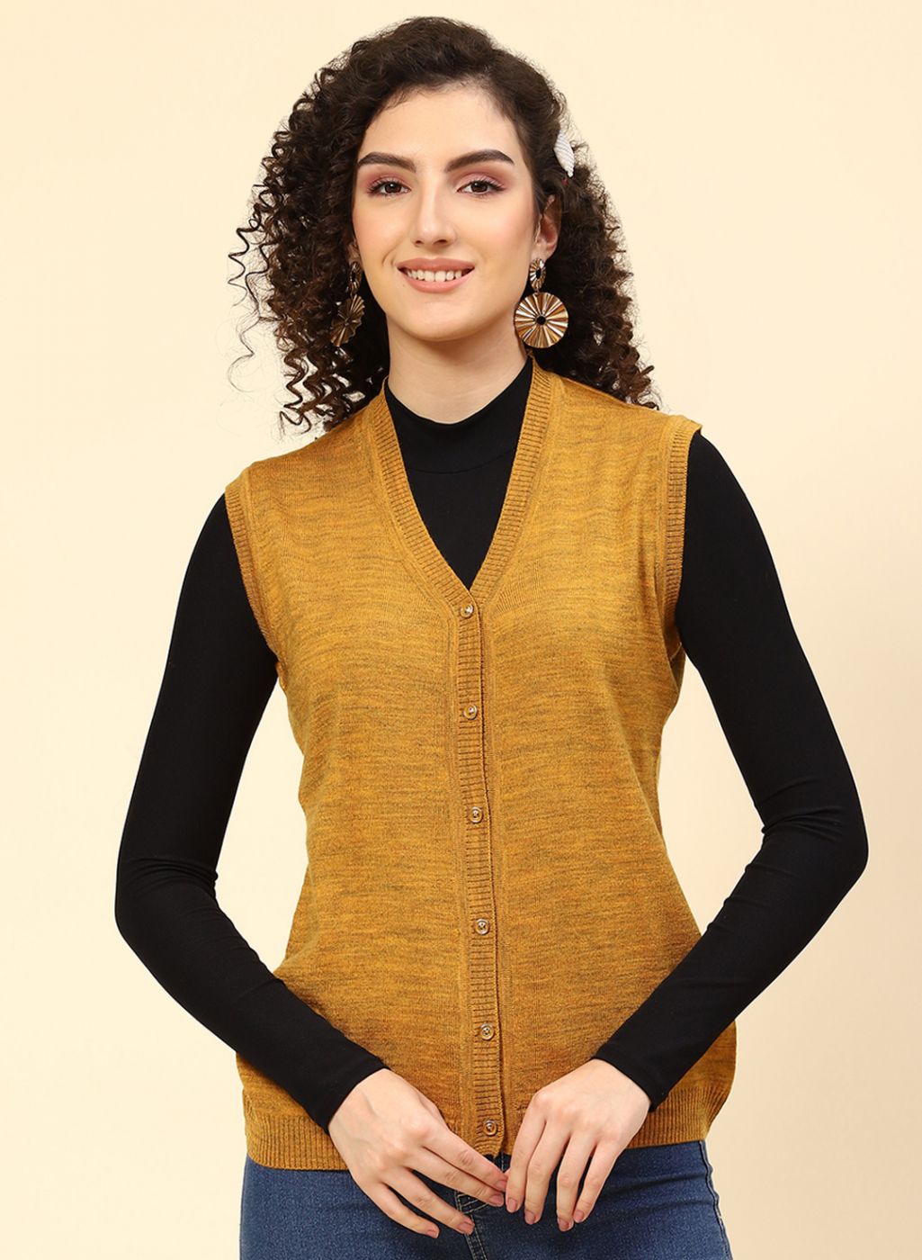 Women Mustard Solid Wool blend Cardigan