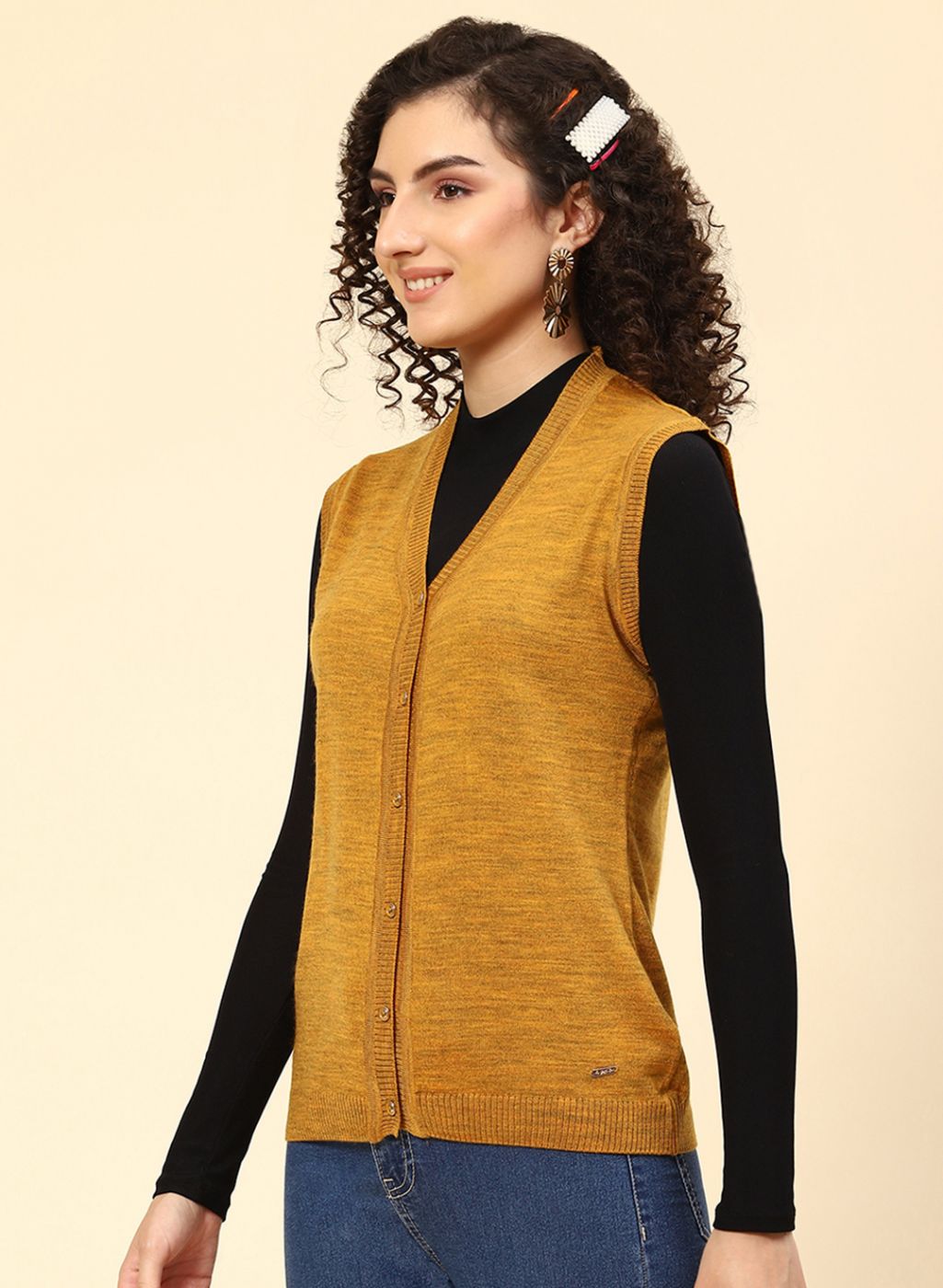 Women Mustard Solid Wool blend Cardigan