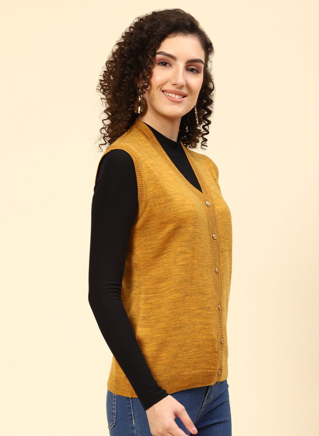 Women Mustard Solid Wool blend Cardigan