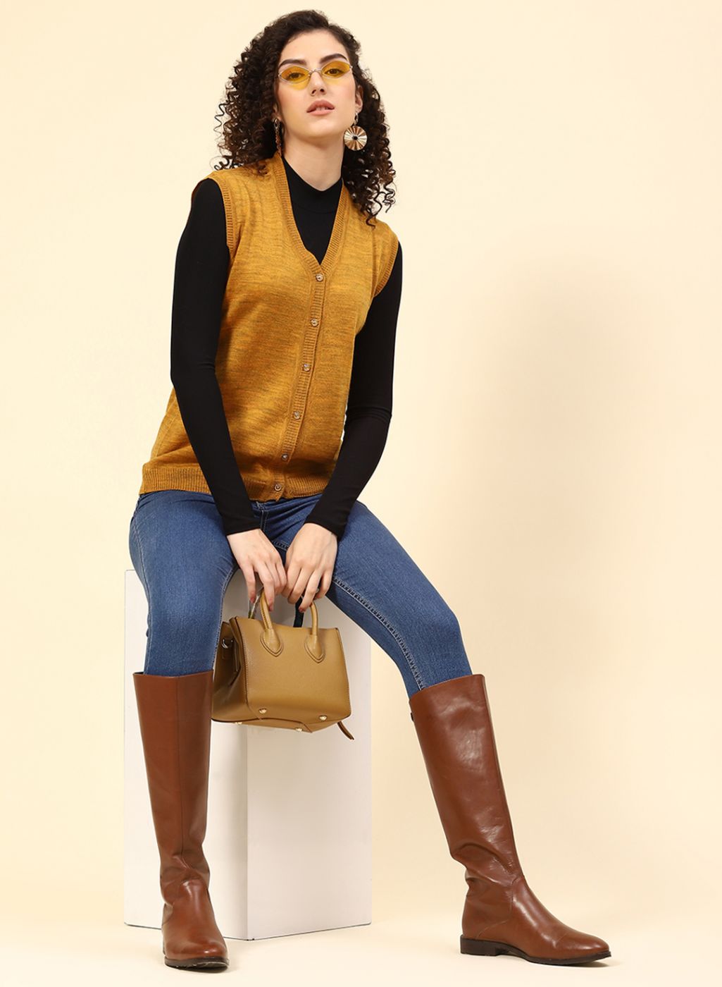 Women Mustard Solid Wool blend Cardigan