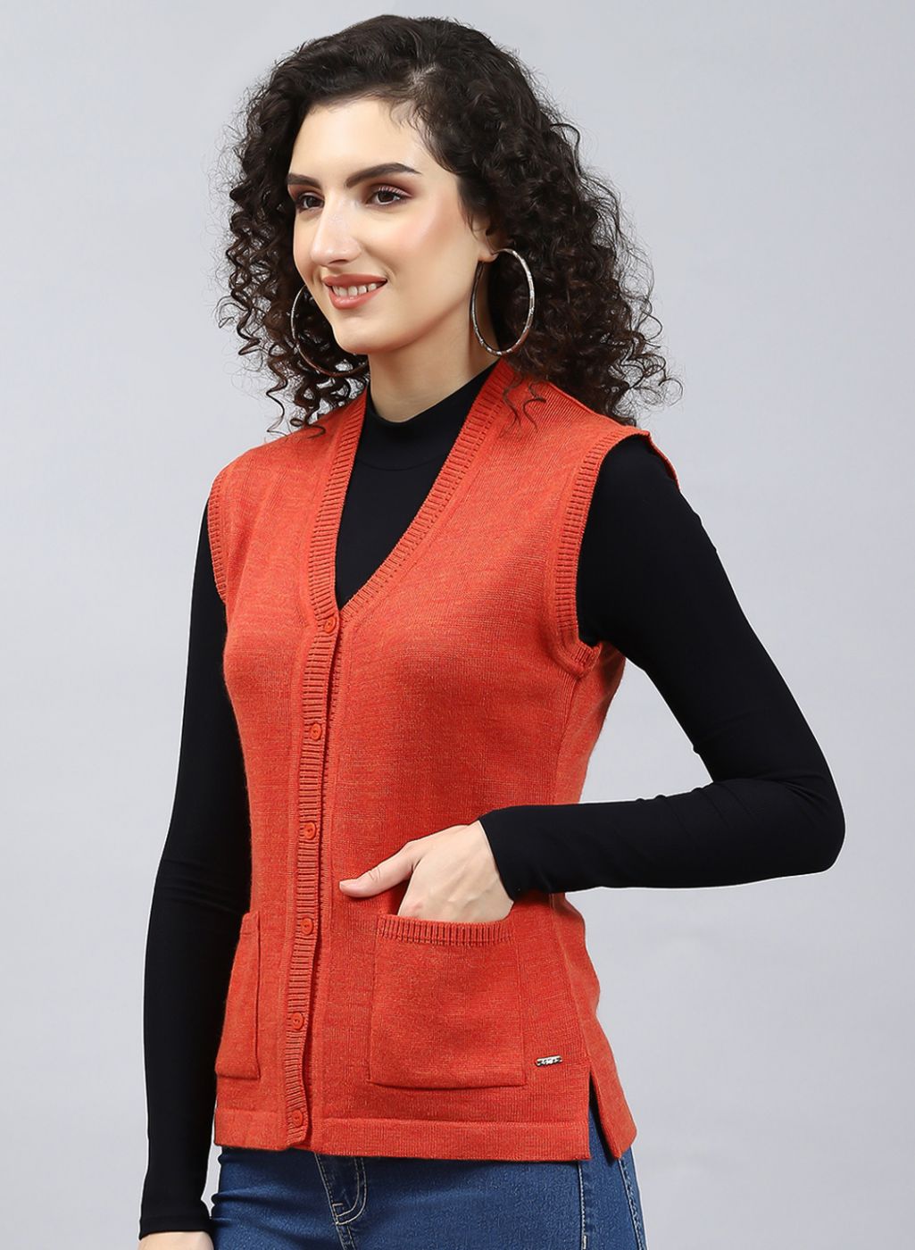 Women Orange Solid Wool blend Cardigan