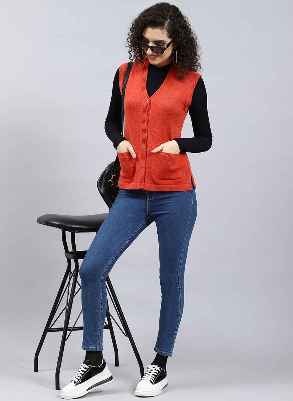 Women Orange Solid Wool blend Cardigan