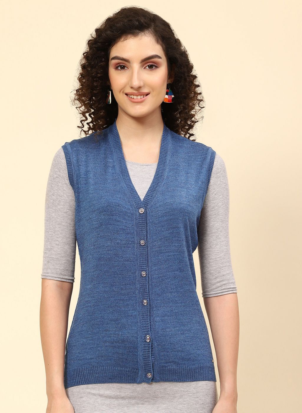 Women Blue Solid Wool blend Cardigan