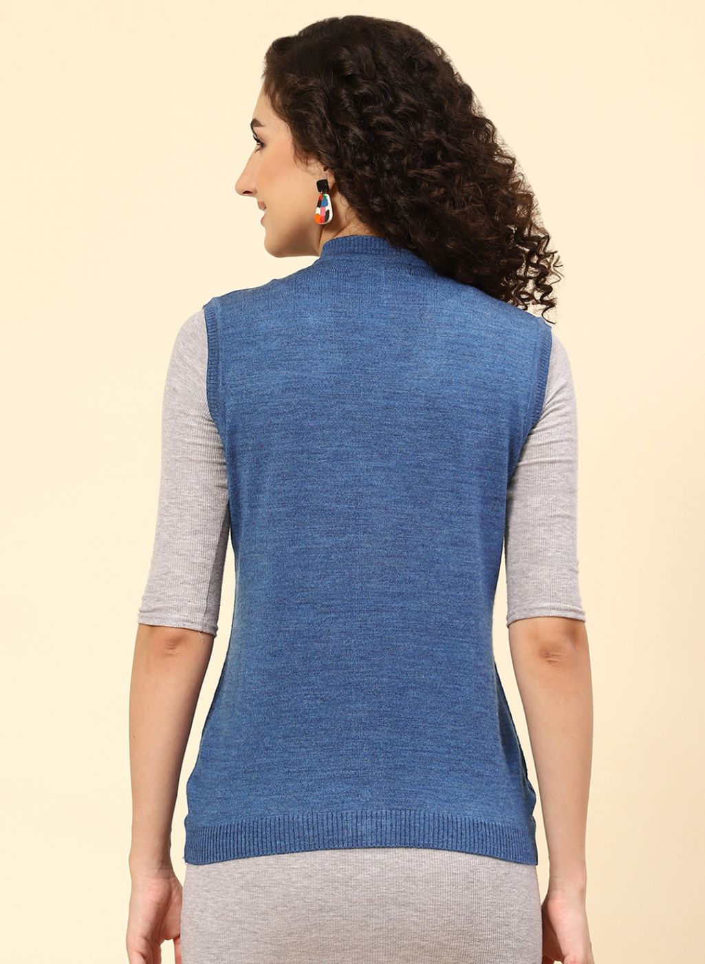 Women Blue Solid Wool blend Cardigan