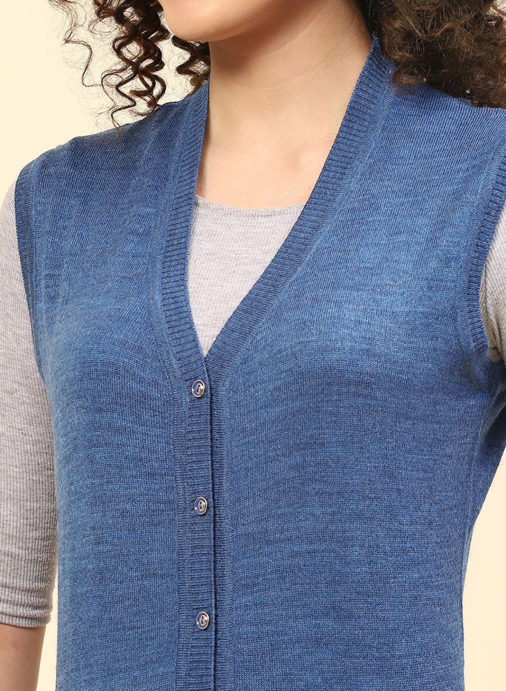 Women Blue Solid Wool blend Cardigan