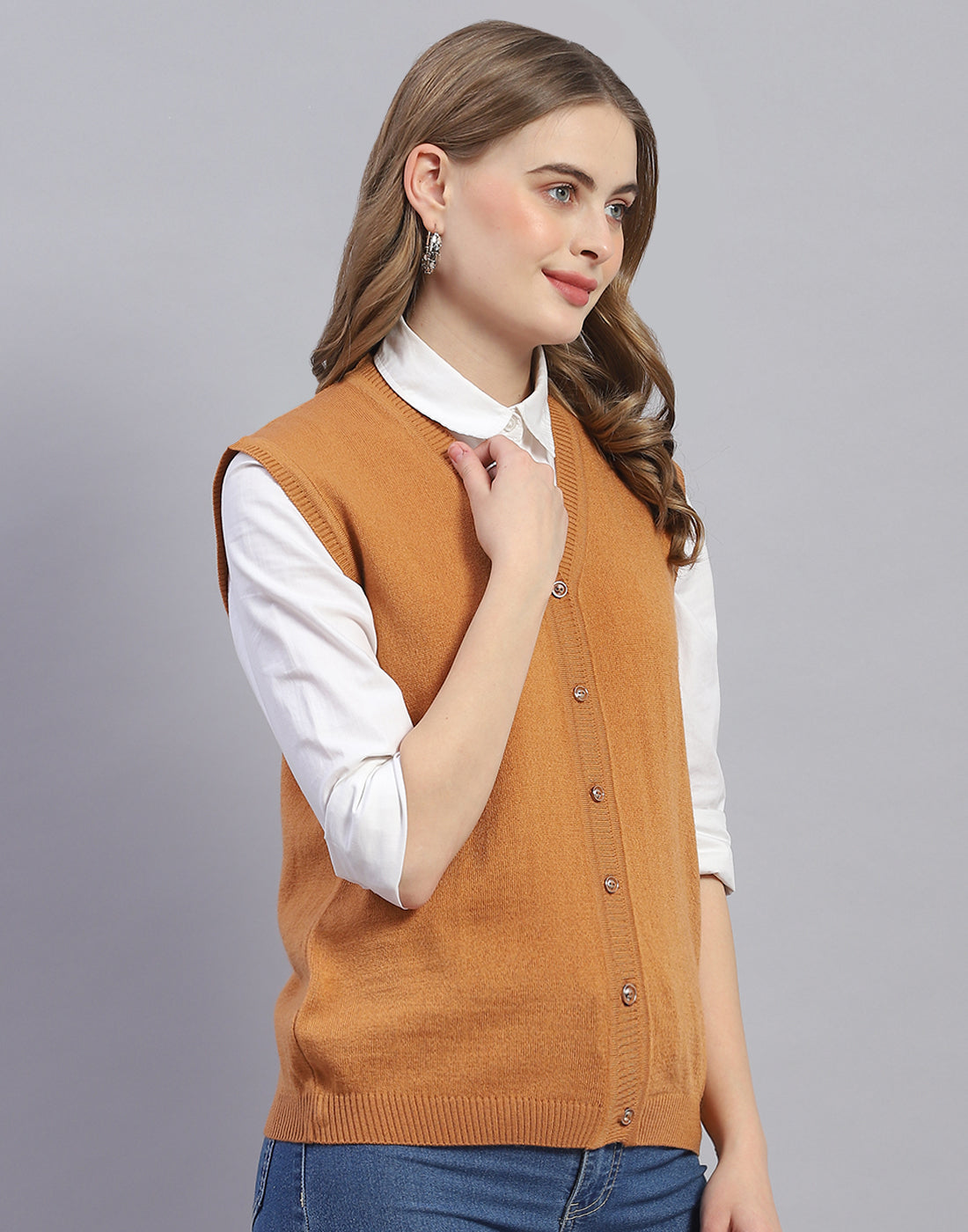 Women Mustard Solid V Neck Sleeveless Cardigan