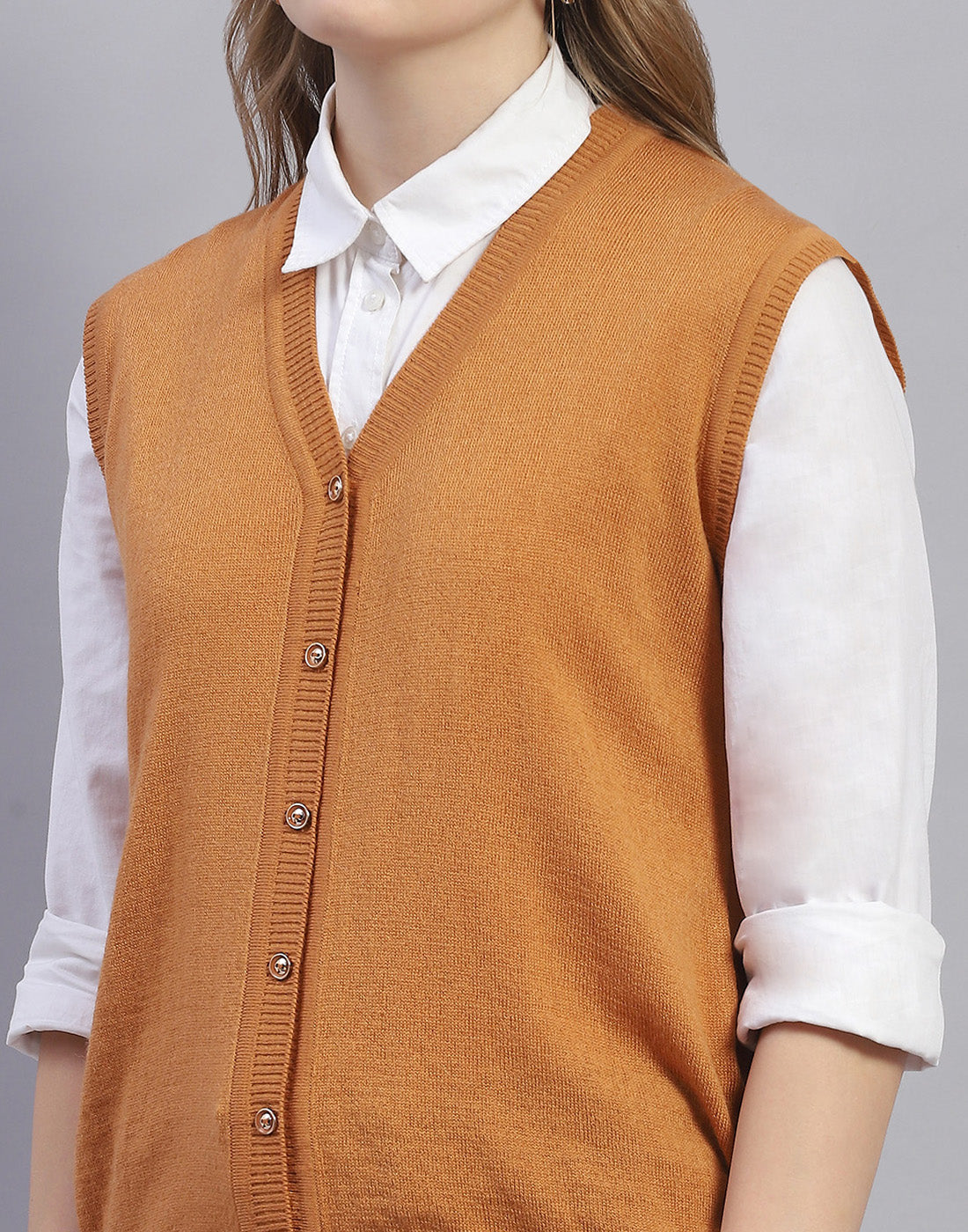 Women Mustard Solid V Neck Sleeveless Cardigan