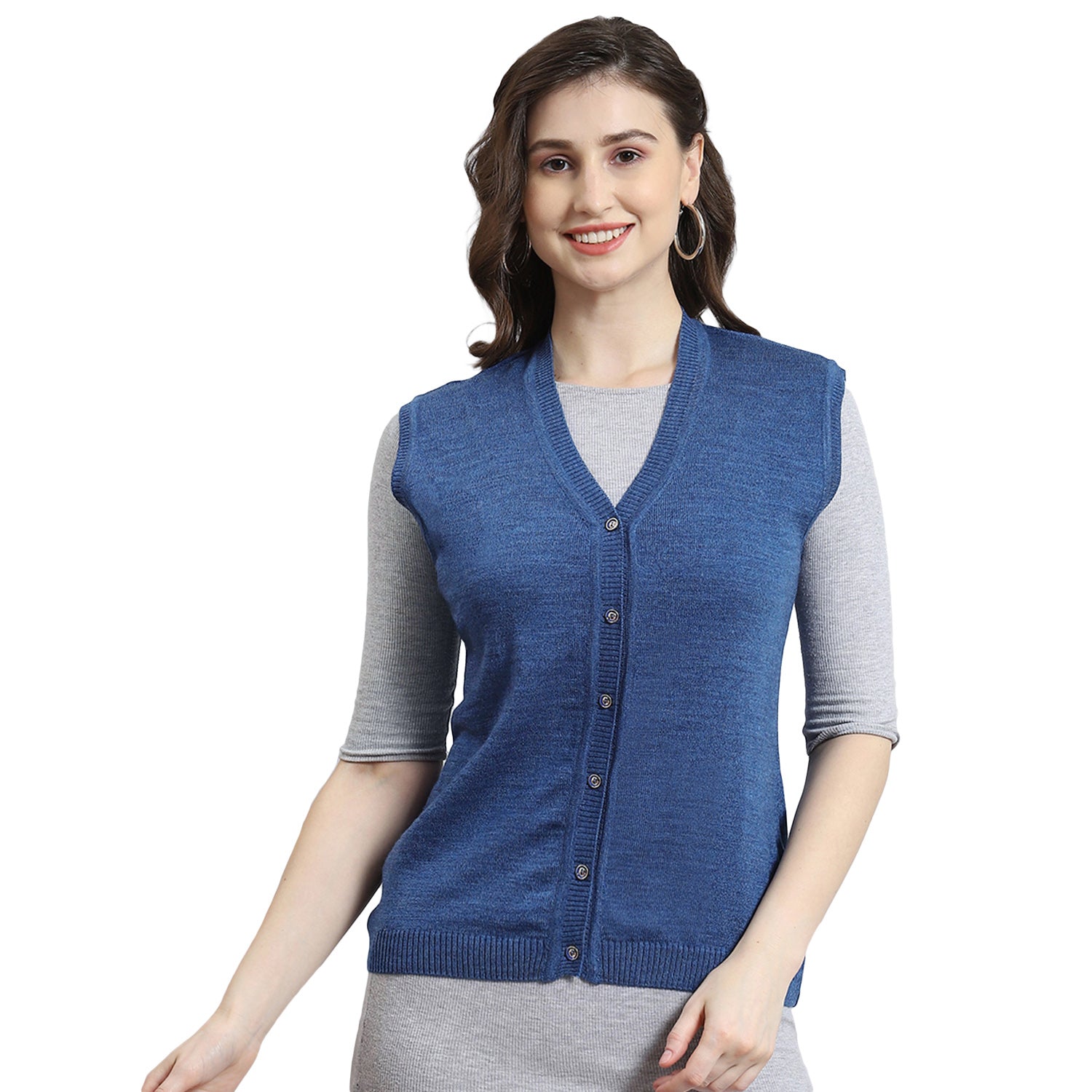 Women Blue Solid V Neck Sleeveless Cardigan