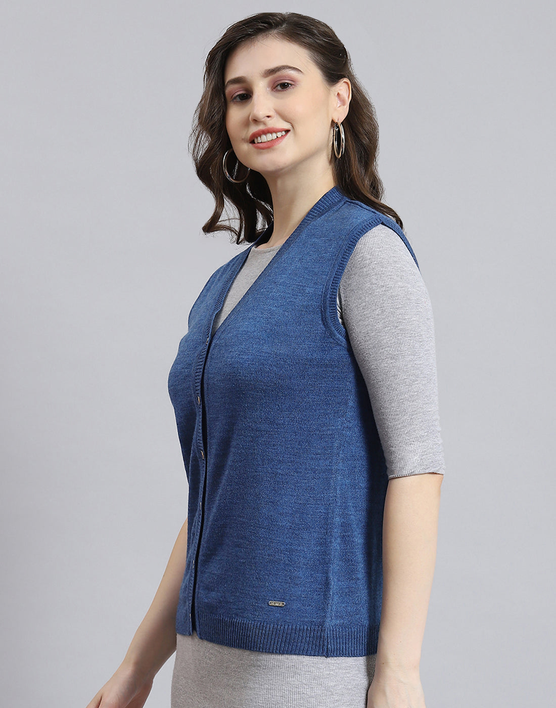 Women Blue Solid V Neck Sleeveless Cardigan