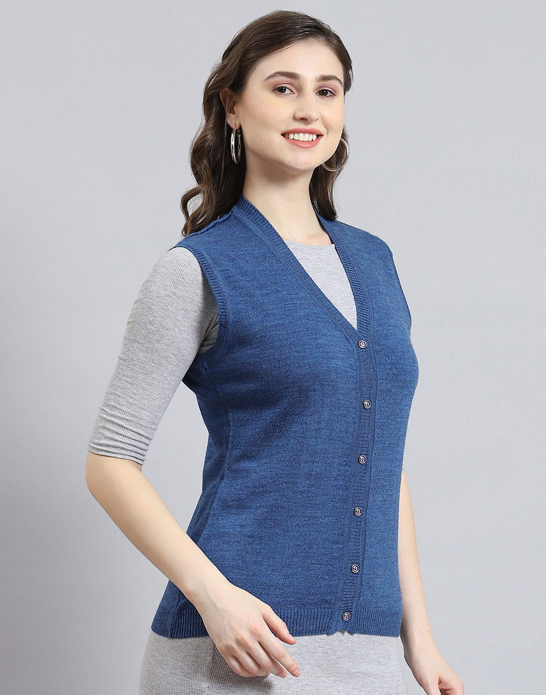 Women Blue Solid V Neck Sleeveless Cardigan