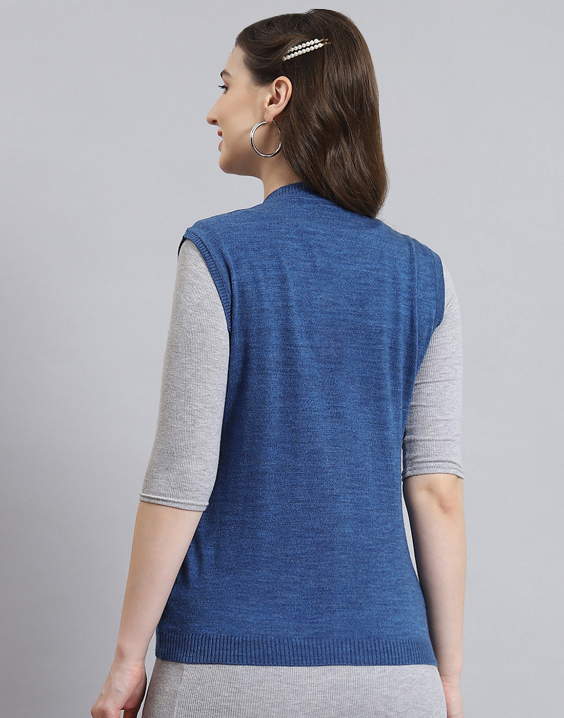 Women Blue Solid V Neck Sleeveless Cardigan