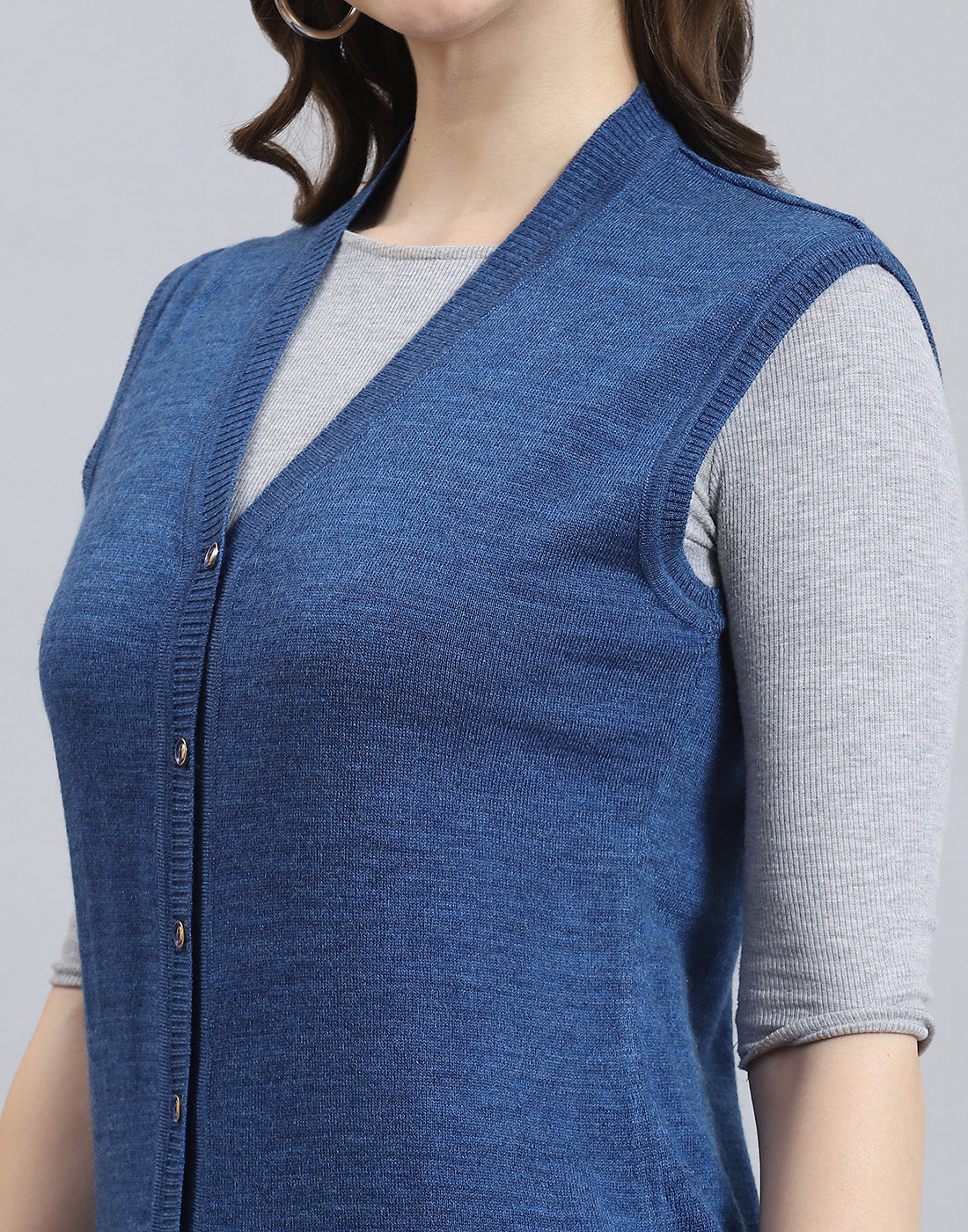 Women Blue Solid V Neck Sleeveless Cardigan