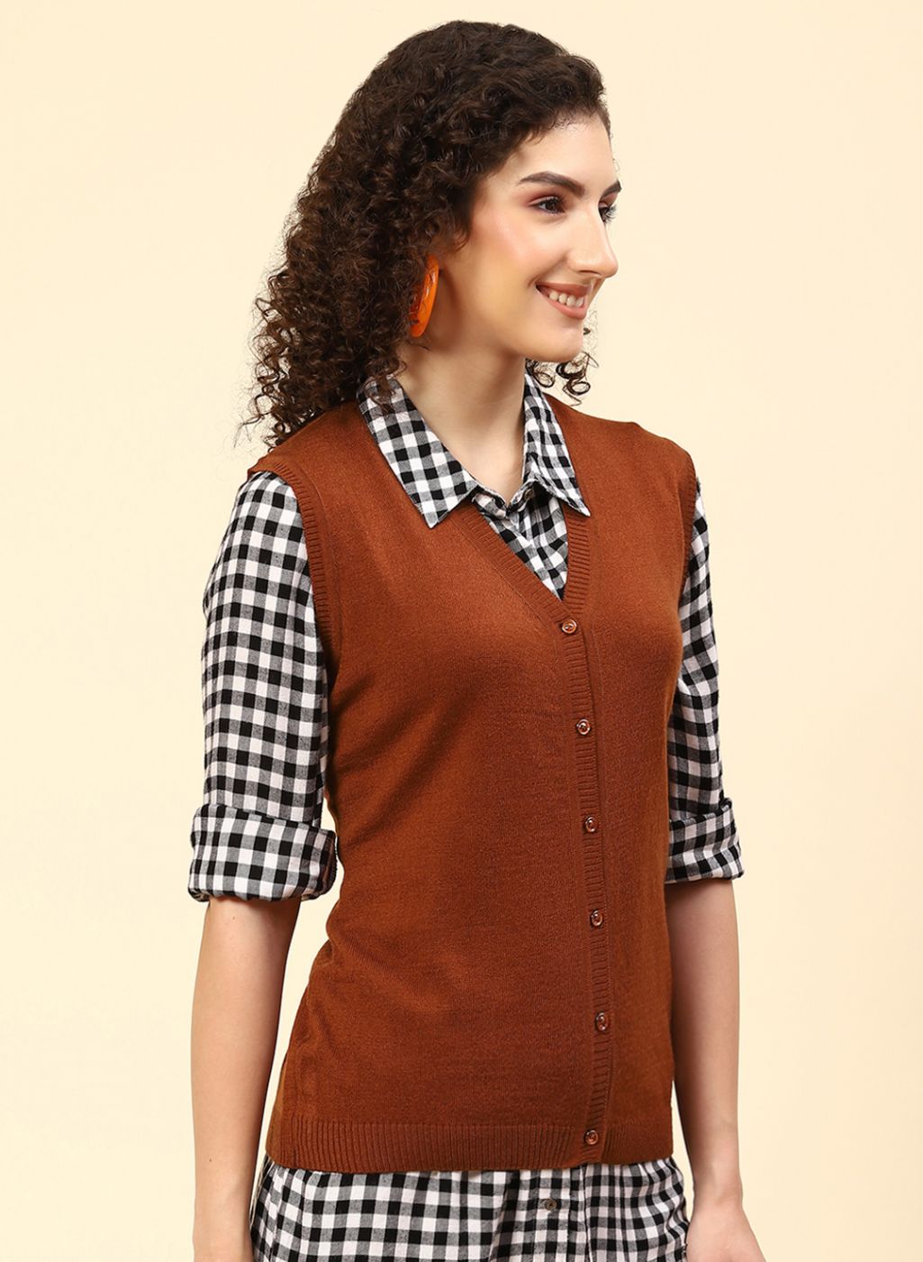 Women Brown Solid Wool blend Cardigan