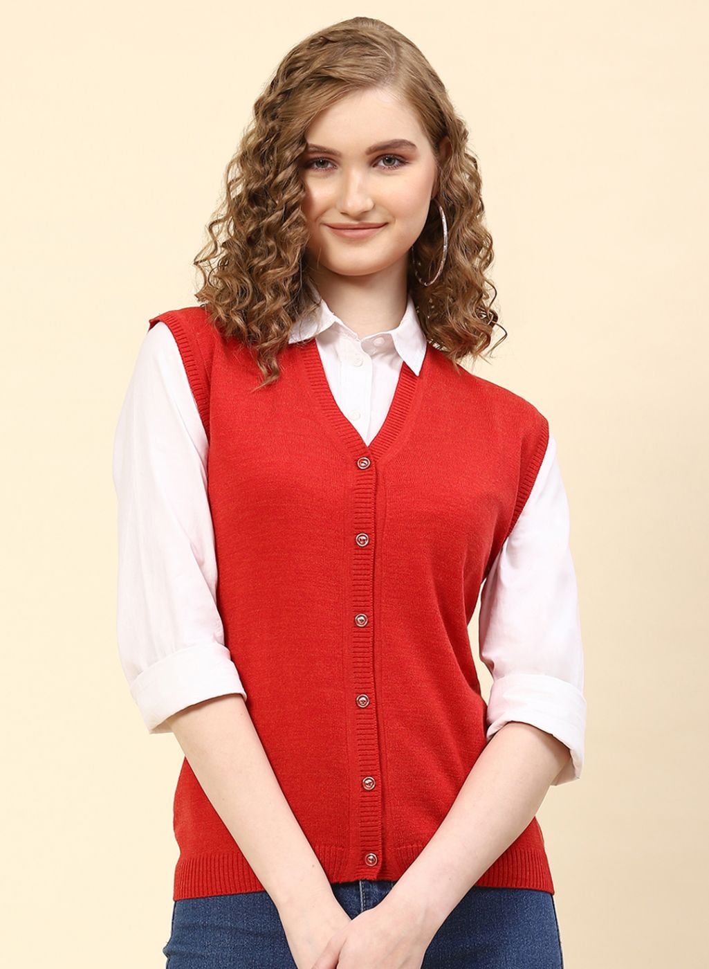 Women Red Solid Wool blend Cardigan