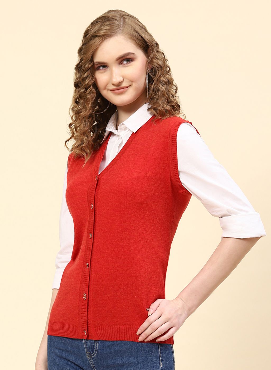 Women Red Solid Wool blend Cardigan