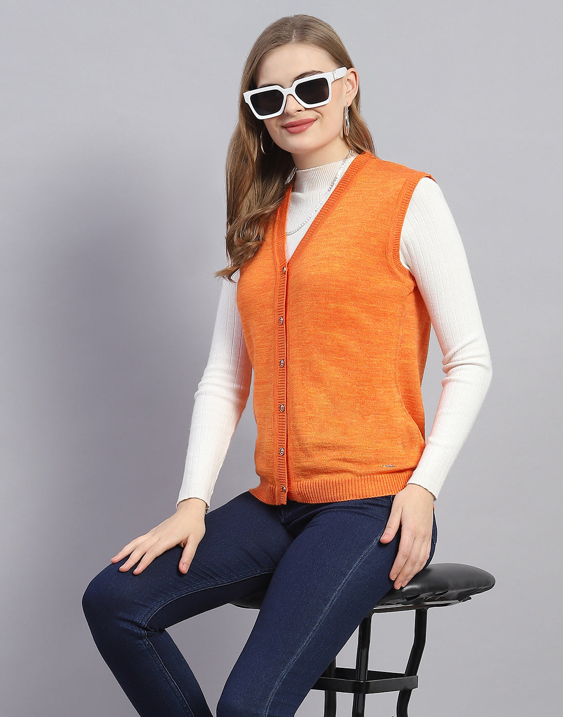 Women Orange Solid V Neck Sleeveless Cardigan