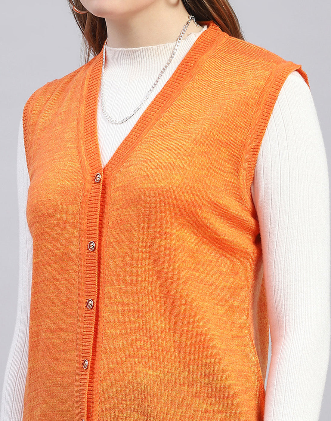 Women Orange Solid V Neck Sleeveless Cardigan