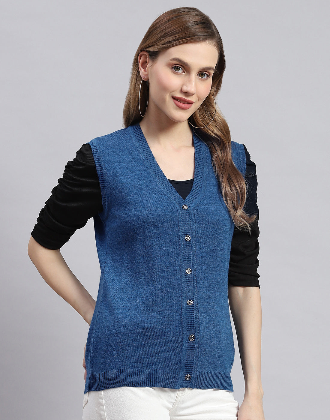 Women Blue Solid V Neck Sleeveless Cardigans