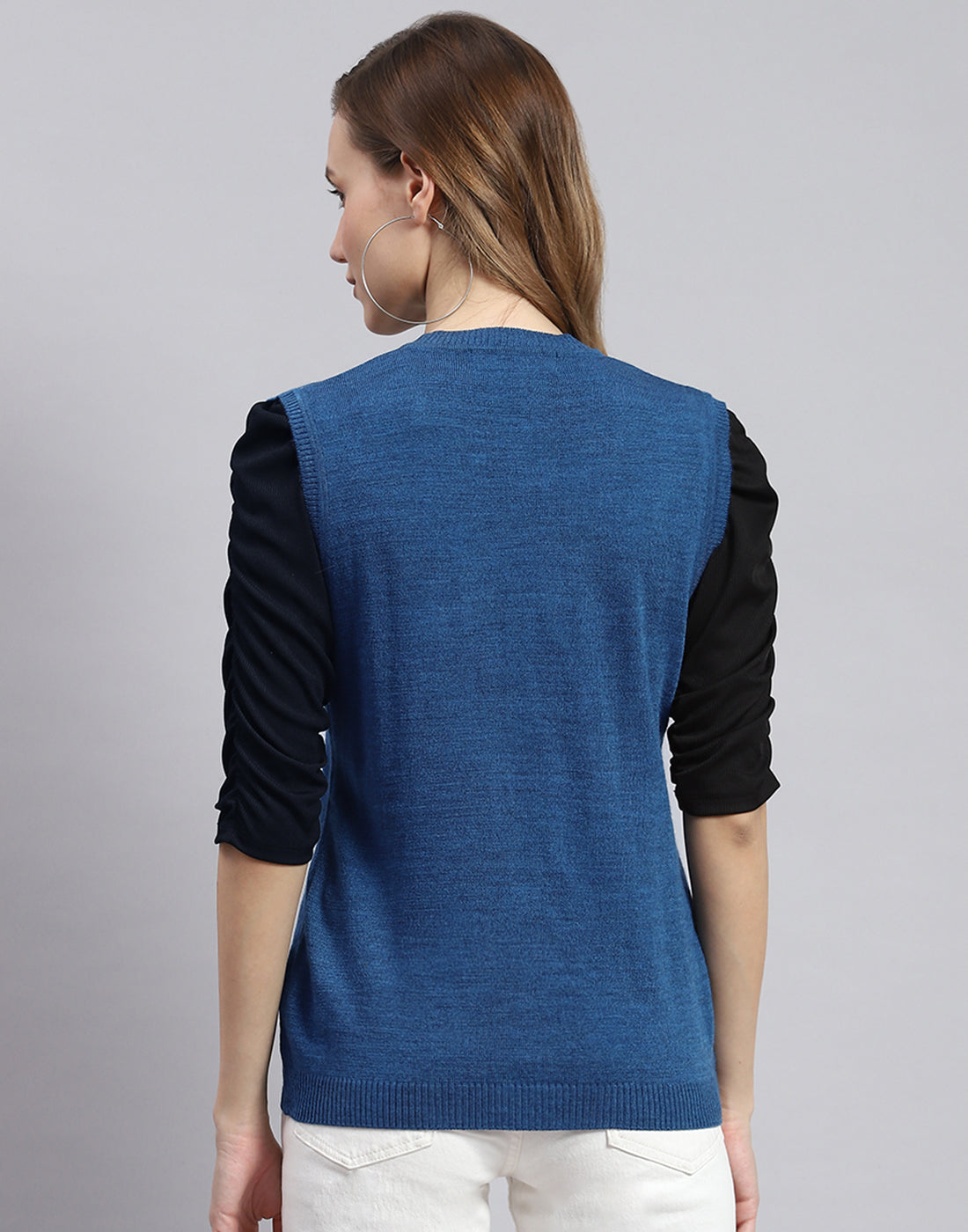 Women Blue Solid V Neck Sleeveless Cardigans