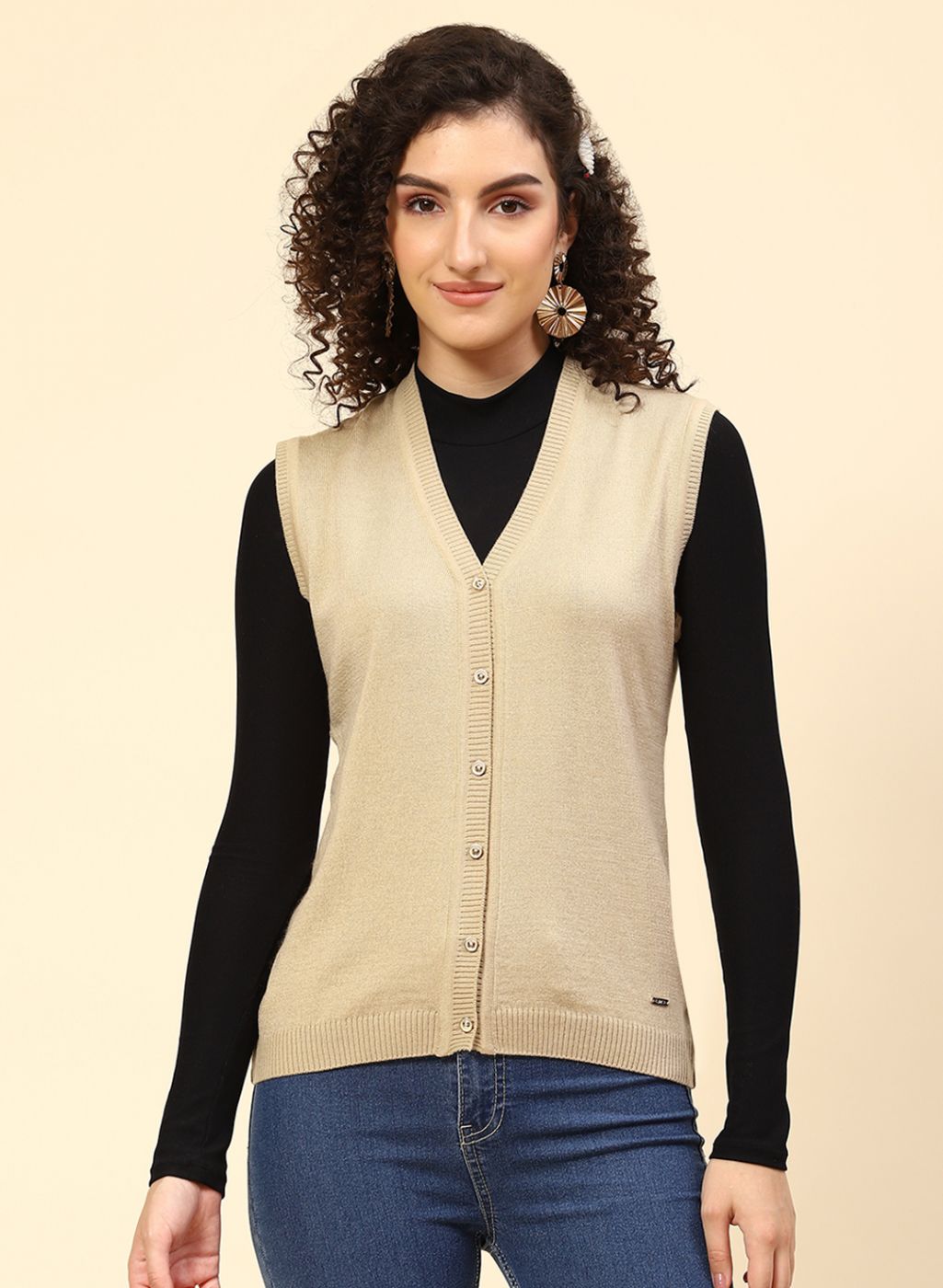 Women Beige Solid Wool blend Cardigan