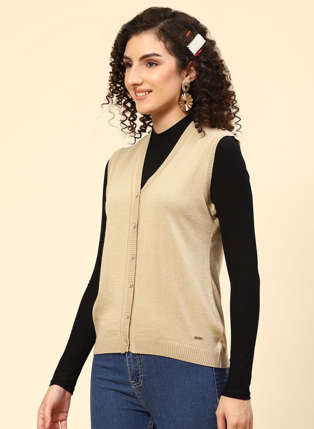 Women Beige Solid Wool blend Cardigan