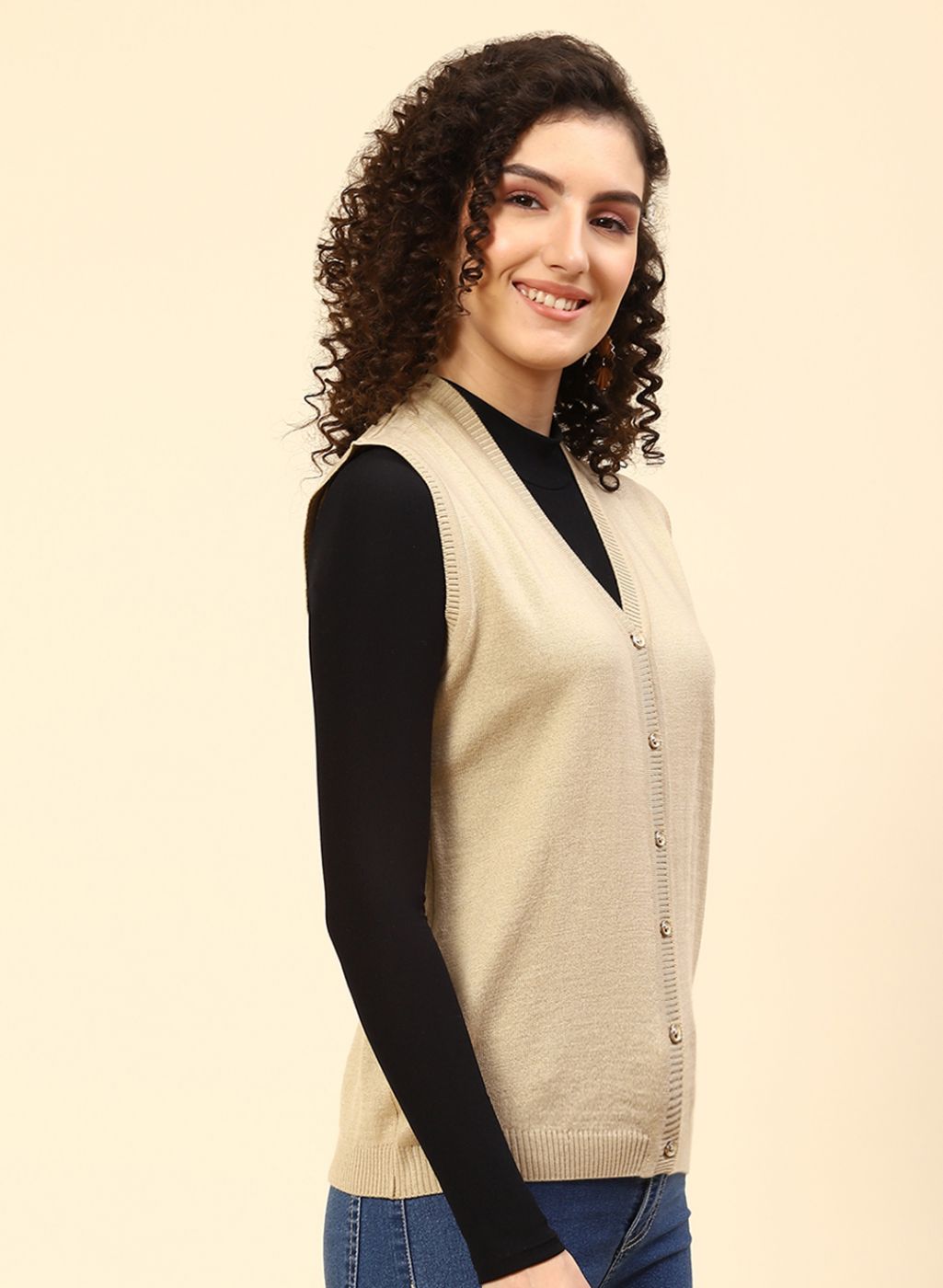 Women Beige Solid Wool blend Cardigan