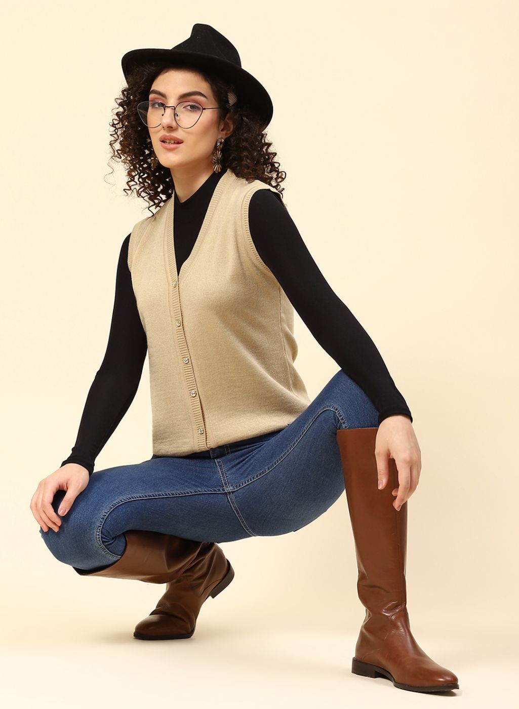 Women Beige Solid Wool blend Cardigan