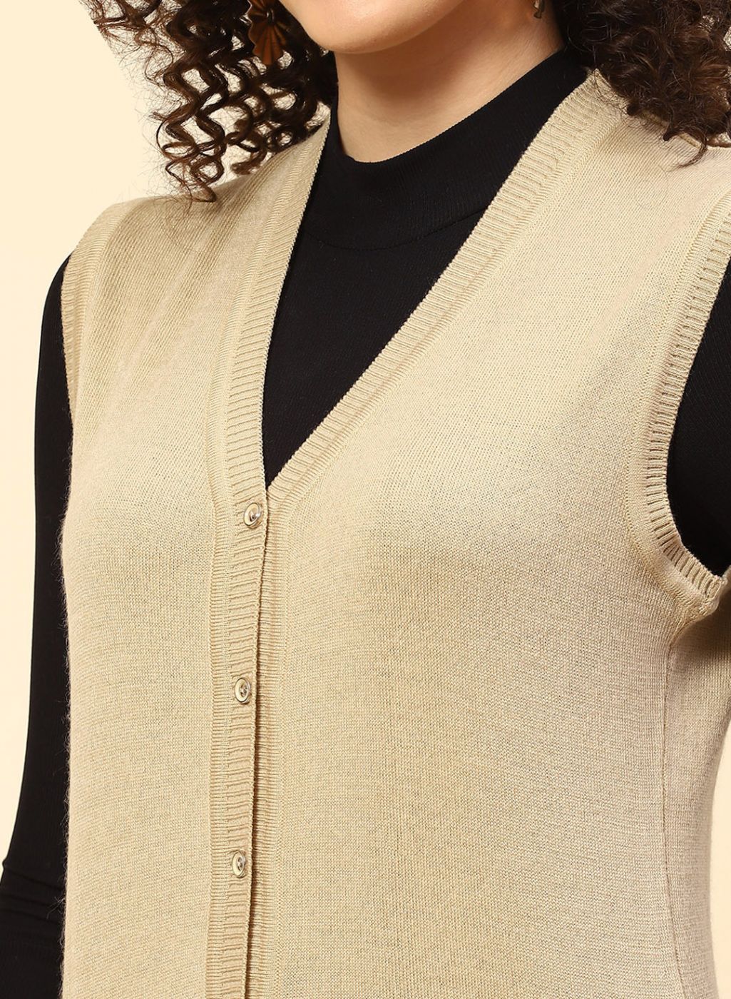 Women Beige Solid Wool blend Cardigan