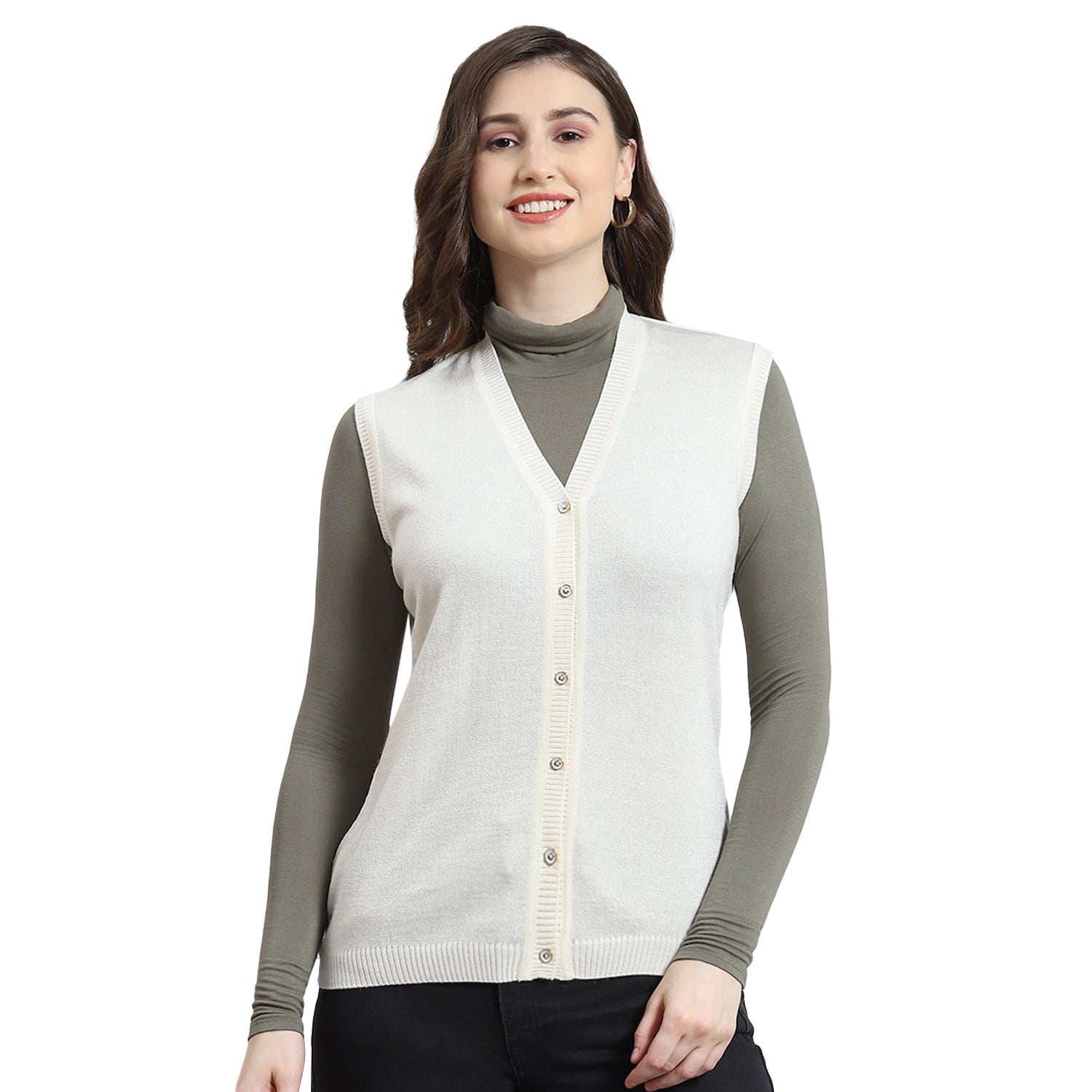 Women Cream Solid V Neck Sleeveless Cardigan