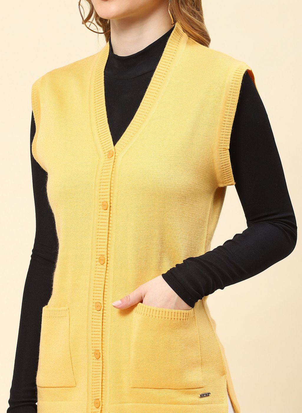 Women Yellow Solid Blend wool Cardigan