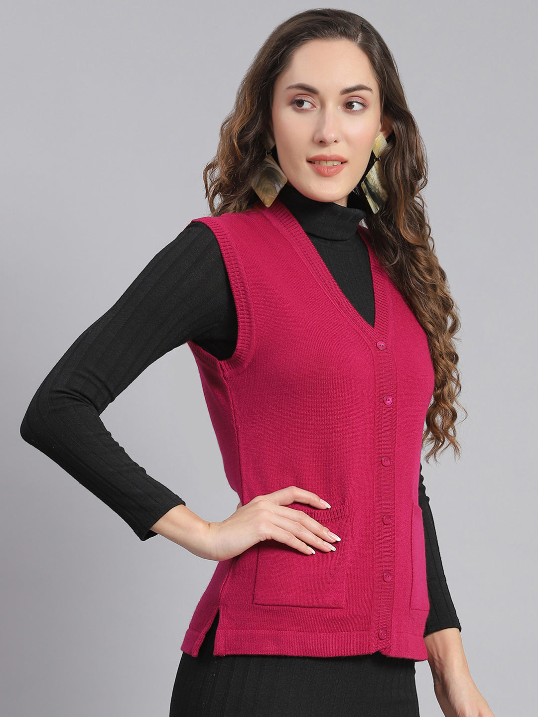 Women Pink Solid V Neck Sleeveless Cardigans