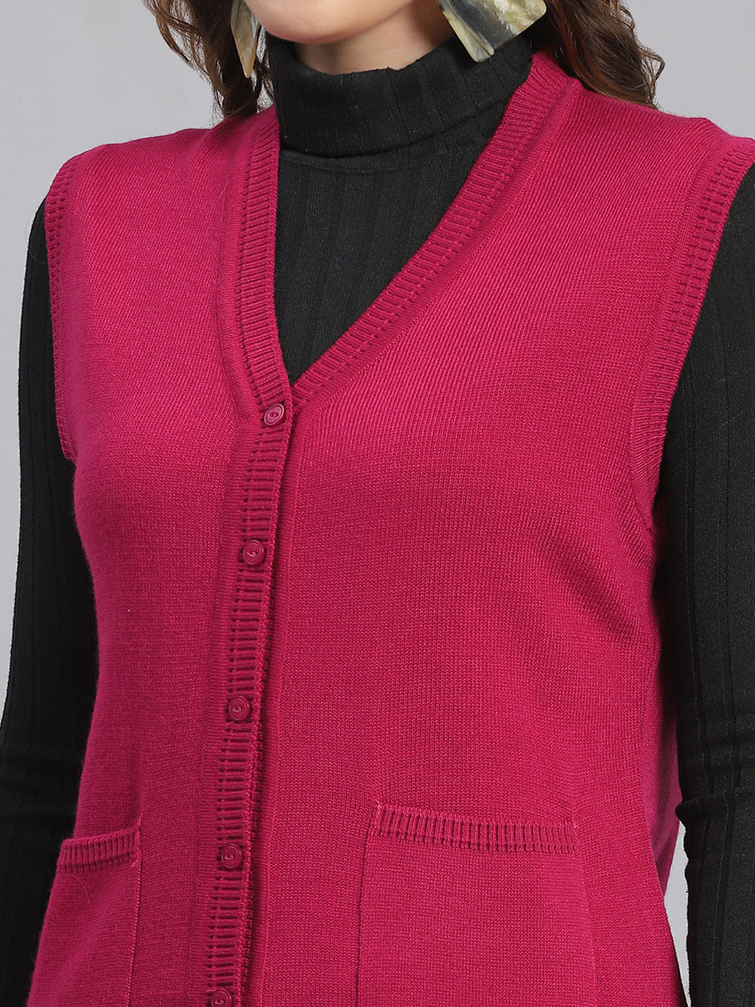 Women Pink Solid V Neck Sleeveless Cardigans