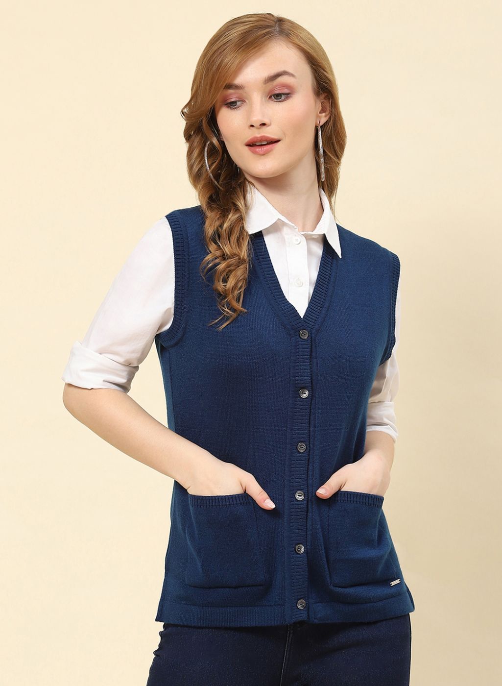 Women Blue Solid Blend wool Cardigan