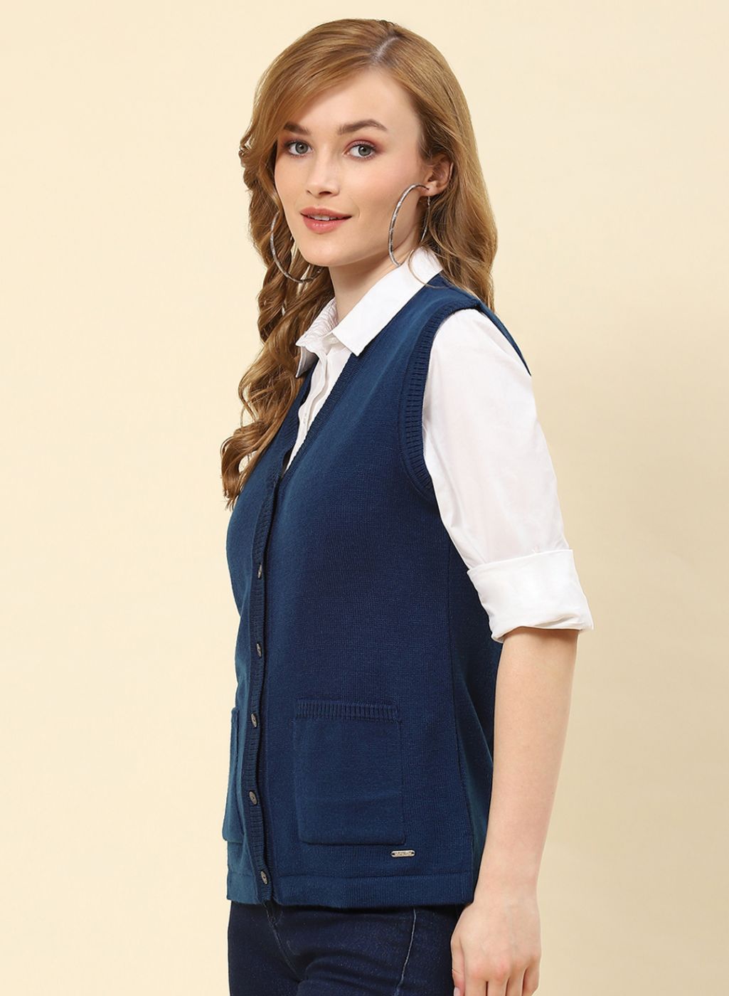 Women Blue Solid Blend wool Cardigan