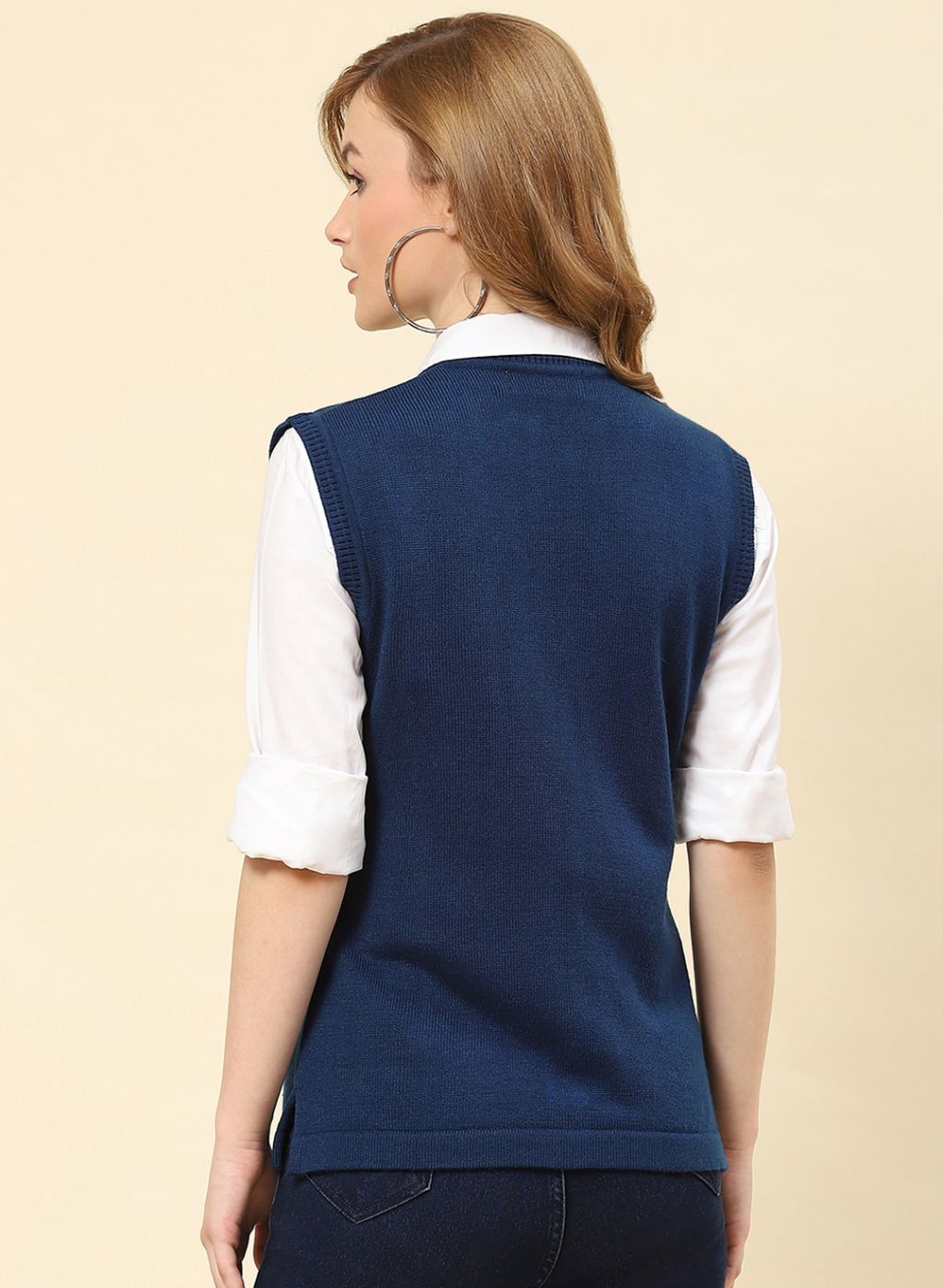 Women Blue Solid Blend wool Cardigan