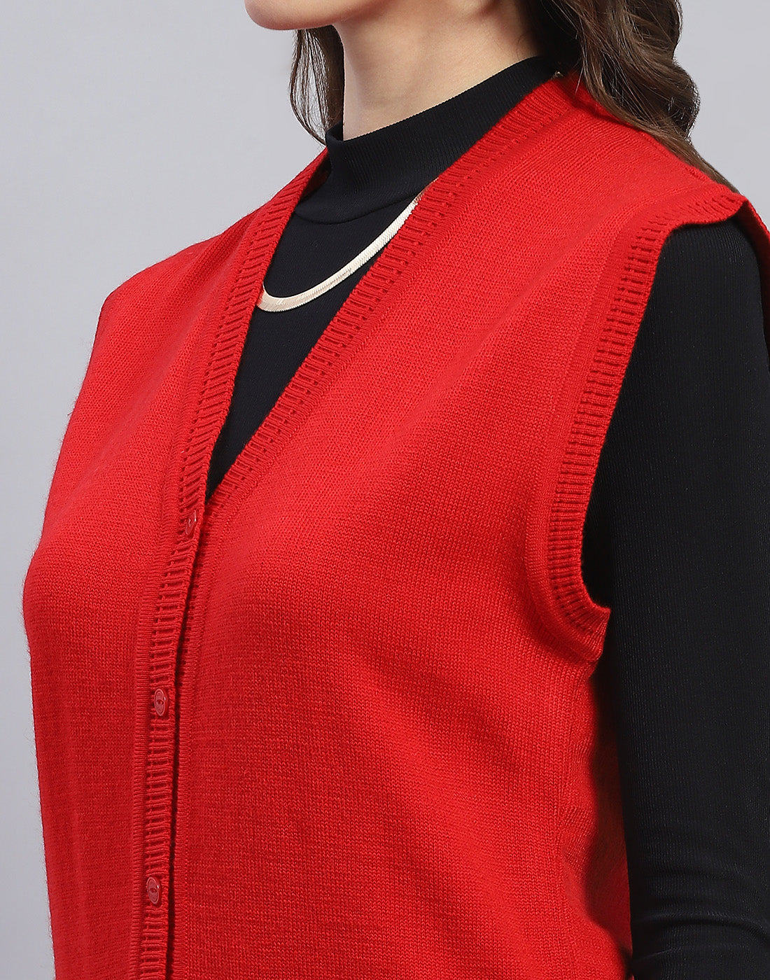 Women Red Solid V Neck Sleeveless Cardigan