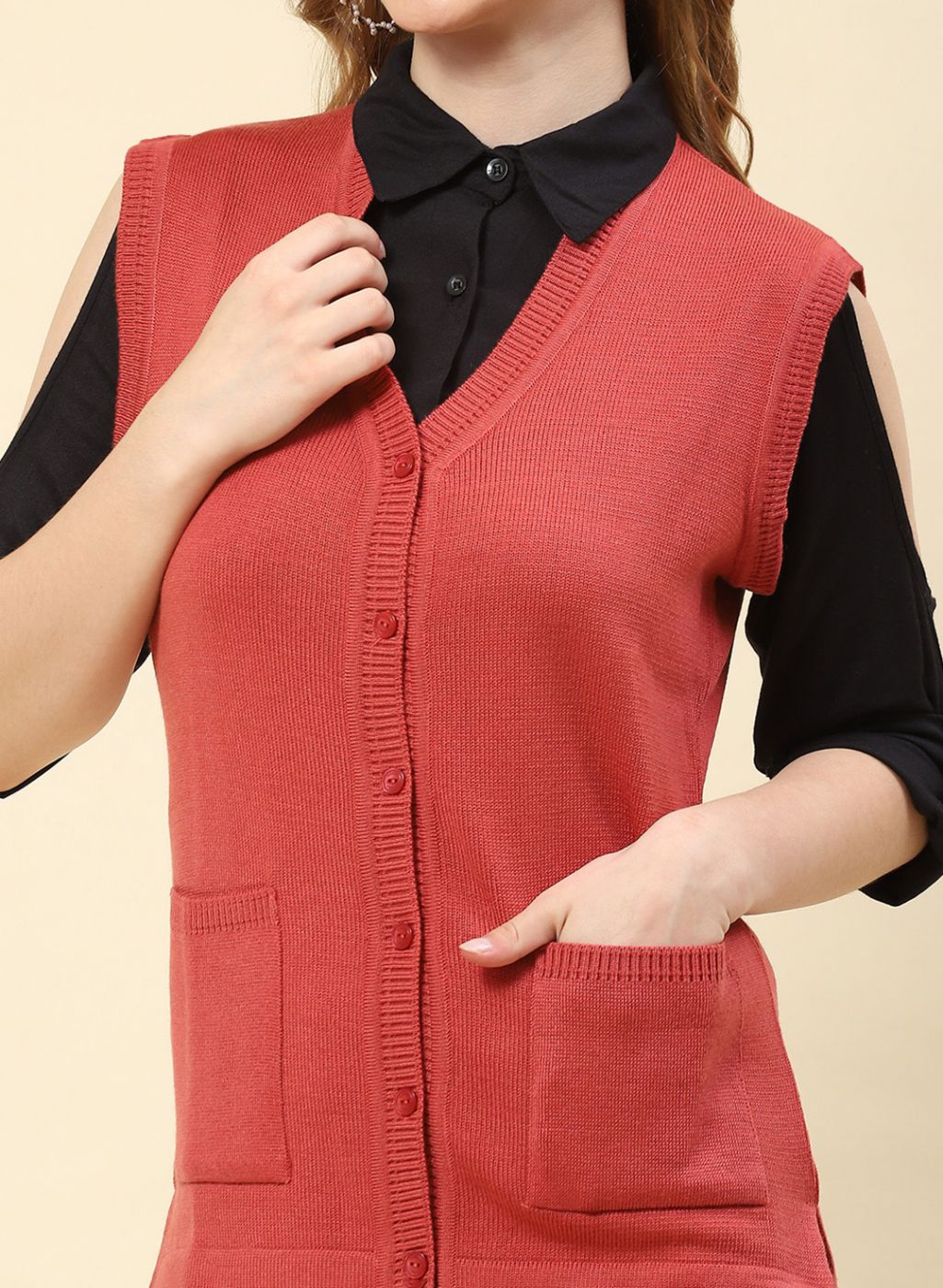 Women Red Solid Blend wool Cardigan