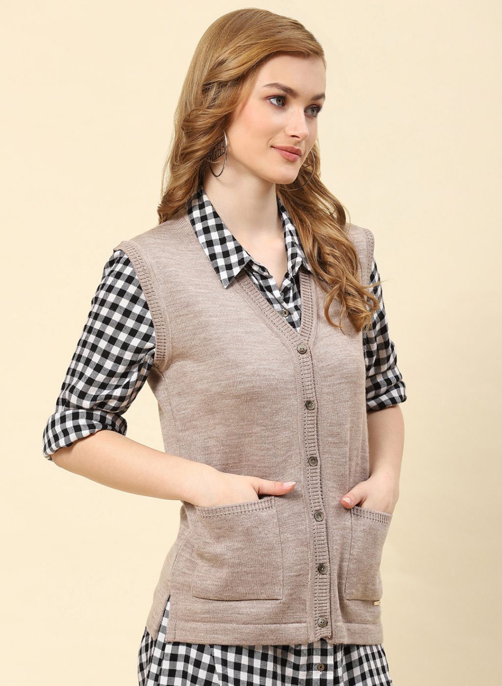 Women Beige Solid Blend wool Cardigan