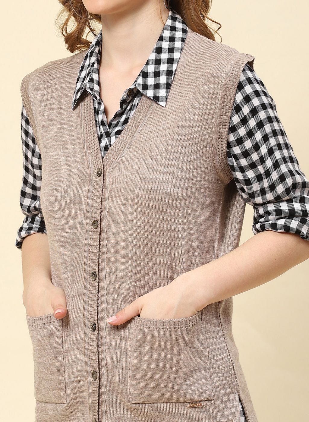 Women Beige Solid Blend wool Cardigan