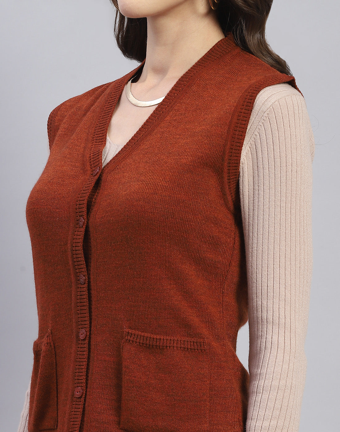 Women Rust Solid V Neck Sleeveless Cardigan