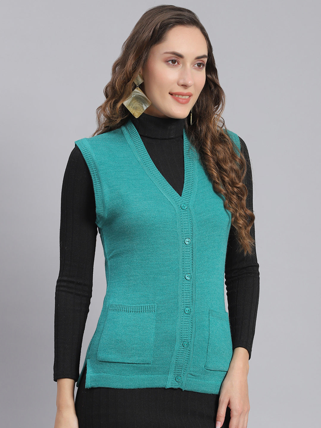 Women Teal Blue Solid V Neck Sleeveless Cardigans