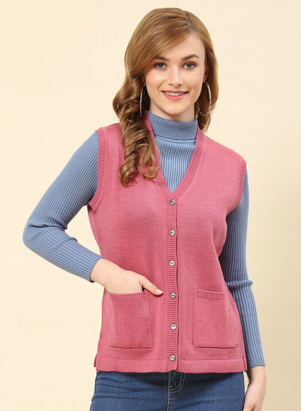 Women Pink Solid Blend wool Cardigan