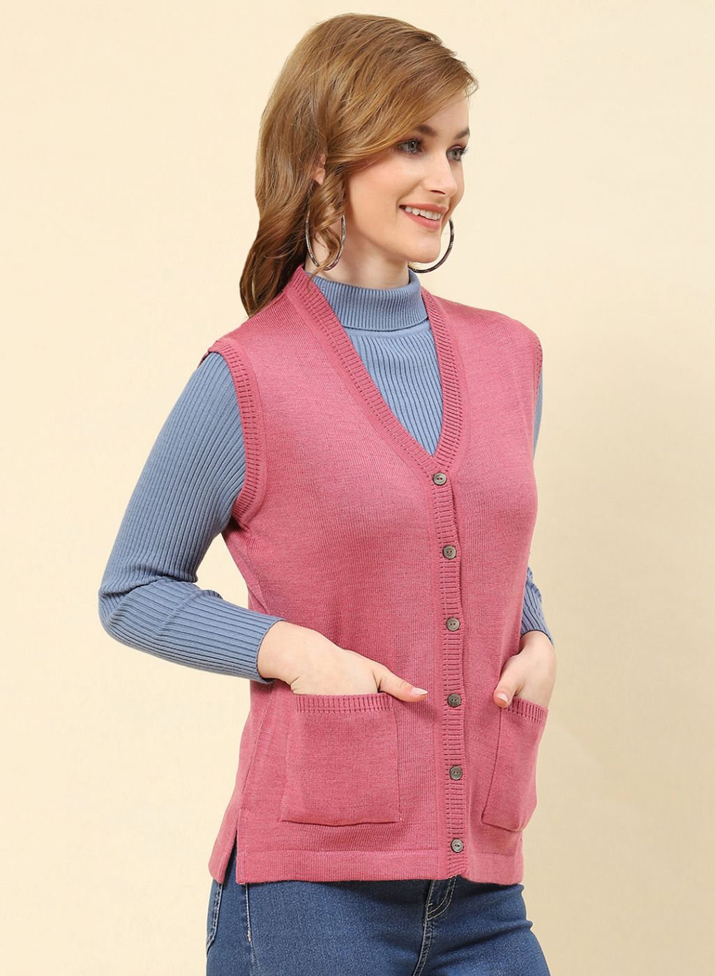 Women Pink Solid Blend wool Cardigan