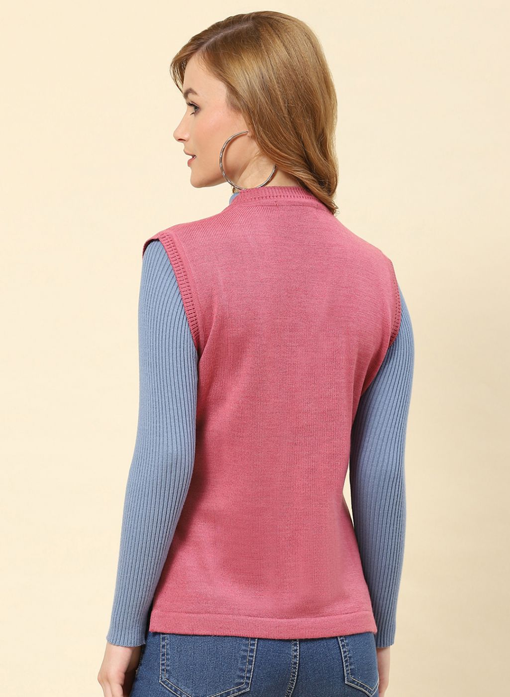 Women Pink Solid Blend wool Cardigan